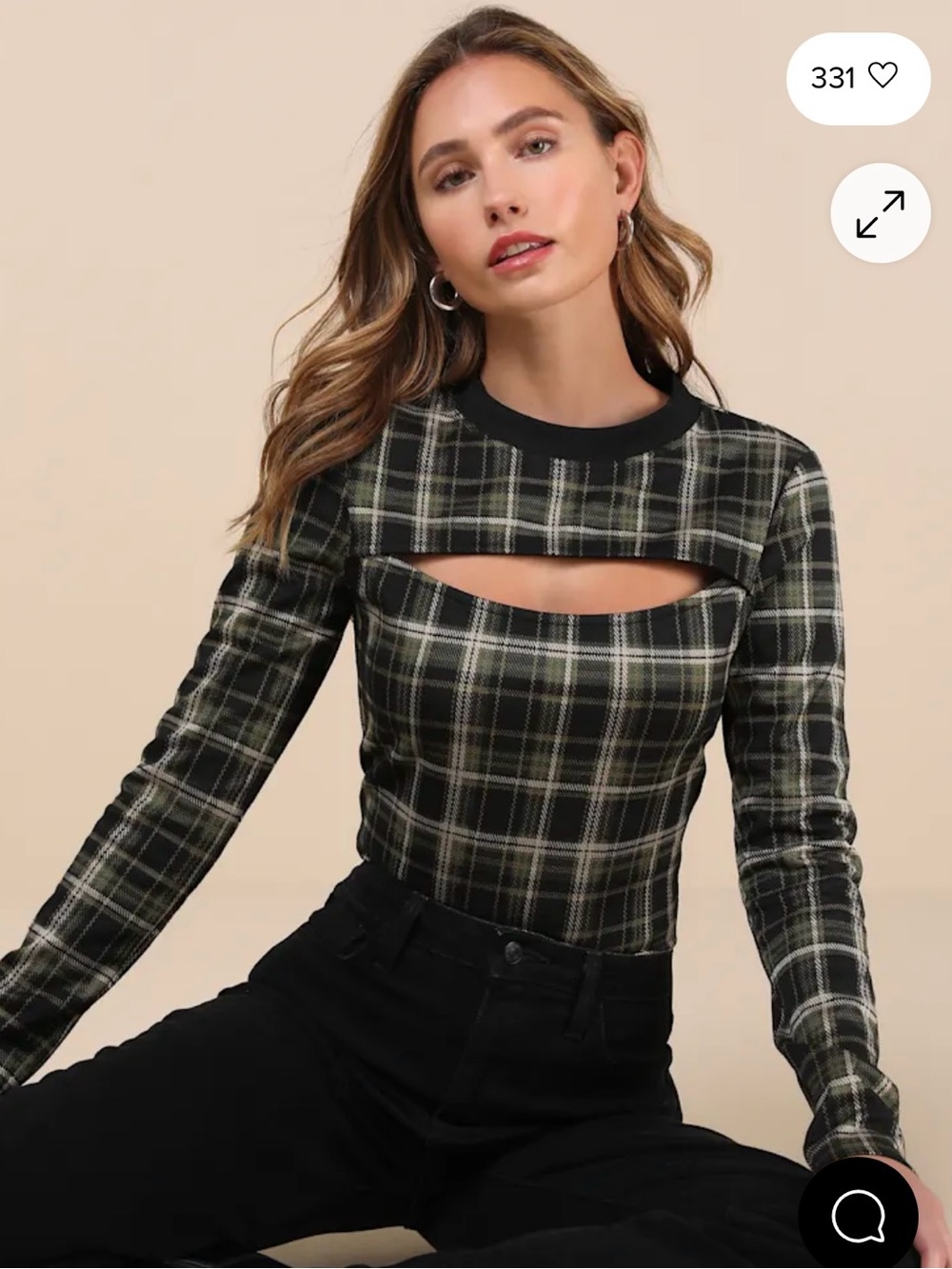 Cutout Plaid Long-Sleeve Top - Black & Olive